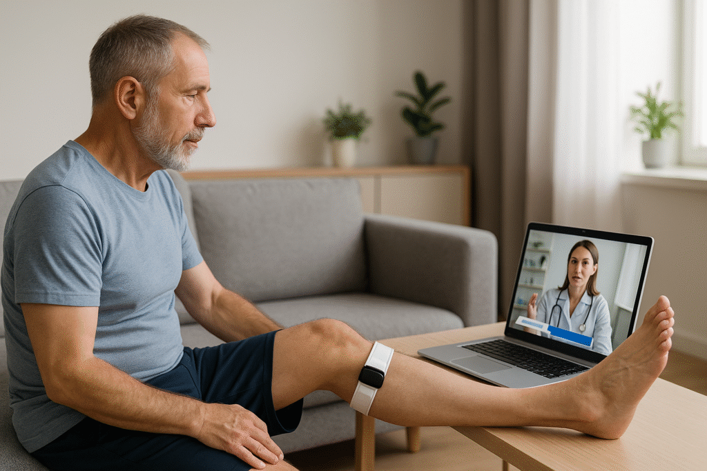 Virtuele revalidatie: hoe zorg op afstand patiënten sneller laat herstellen oudere man volgt thuis virtuele revalidatie via laptop, met sensorband om zijn knie in een rustige woonkamer.