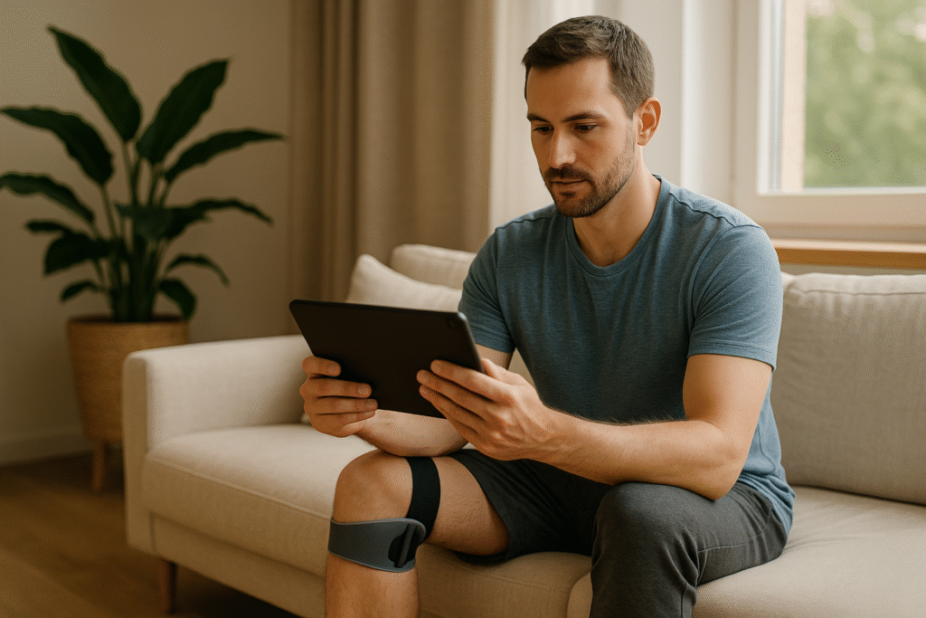 jonge man doet thuis revalidatie met tablet en sensorband om knie, zittend op bank in lichte woonkamer met natuurlijke belichting.
