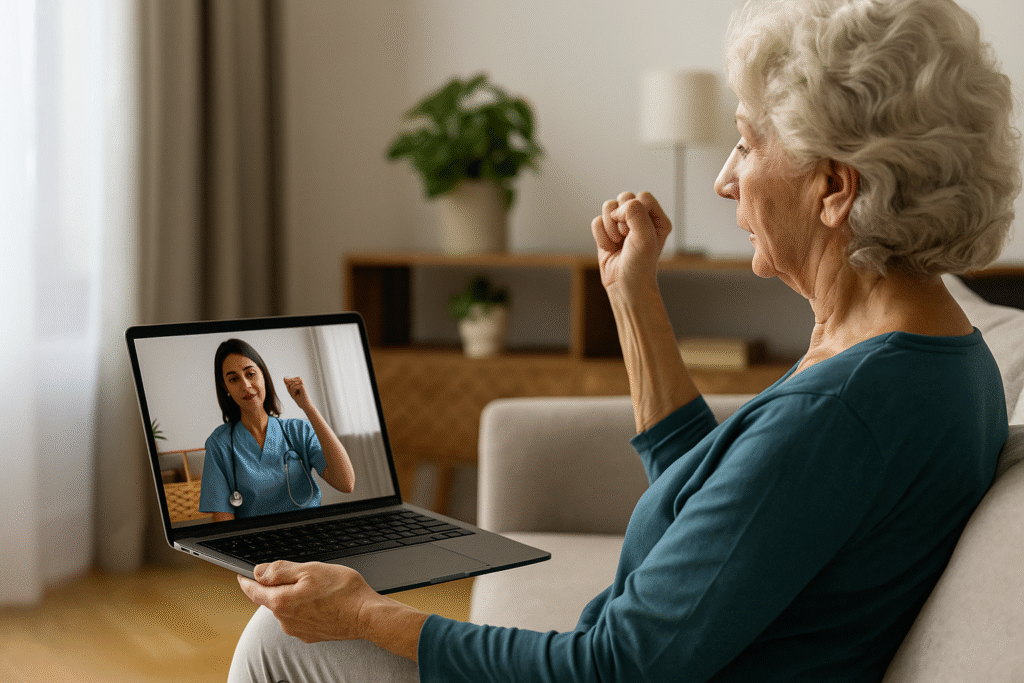 oudere vrouw volgt virtuele revalidatie via laptop, in videogesprek met fysiotherapeut, rustige woonkamer met warme natuurlijke belichting.