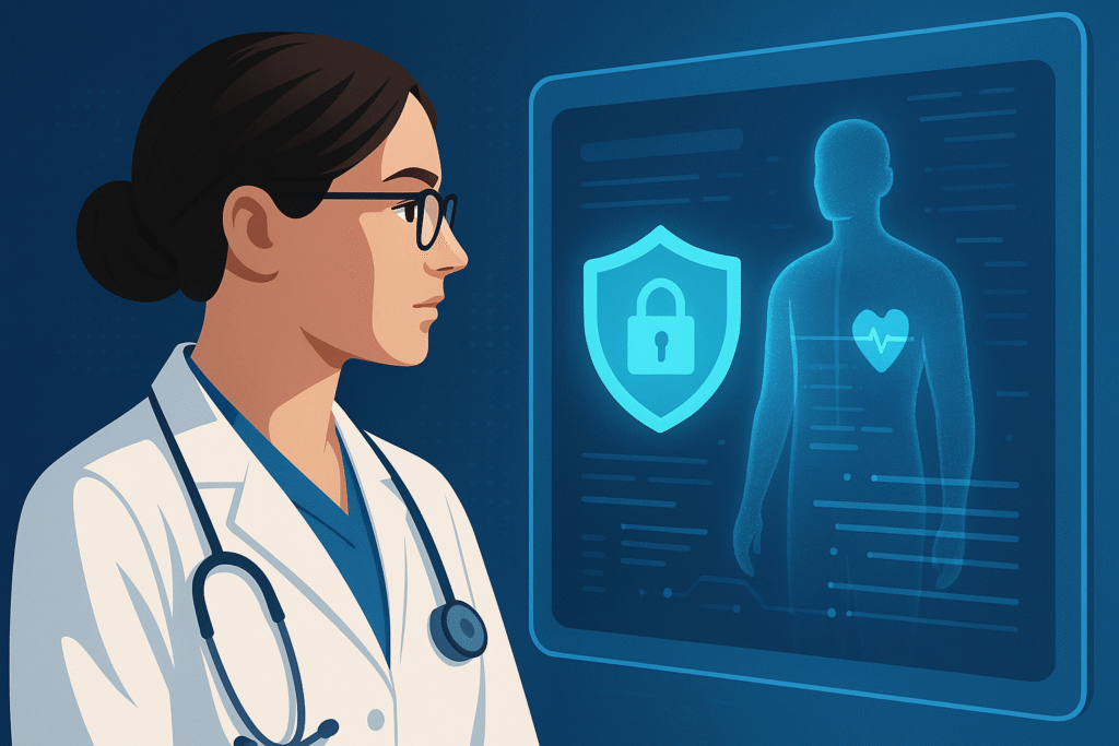 Digitale privacy in de zorg: hoe technologie patiëntgegevens beter beschermt in 2025 Arts kijkt naar holografisch scherm met beveiligd schildicoon en medische data, symbool voor digitale privacy in de zorg.