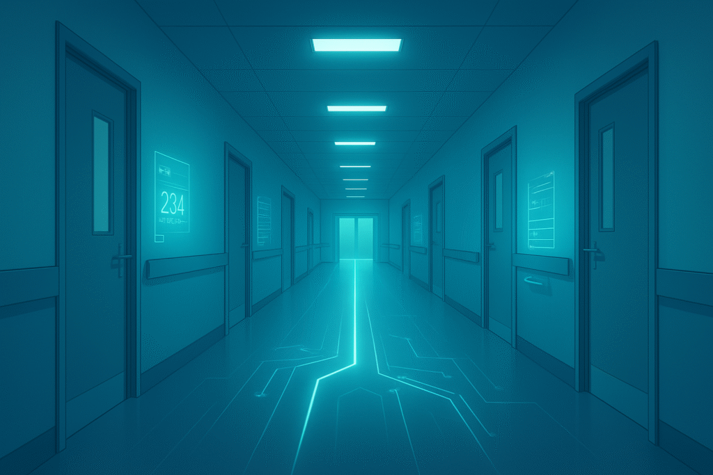 Futuristische ziekenhuisgang met zachte blauwe verlichting en holografische panelen, symbool voor de digitale toekomst van de zorg.